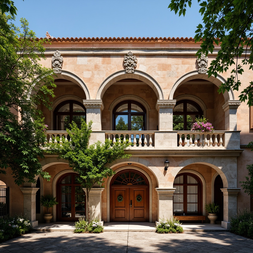 Prompt: Rustic museum facade, Romanesque arches, ornate stone carvings, grand entrance doors, intricate moldings, weathered stone walls, lush green ivy, ornamental balconies, stained glass windows, terracotta roof tiles, dramatic spot lighting, warm afternoon sun, shallow depth of field, 2/3 composition, symmetrical layout, rich textures, ambient occlusion.