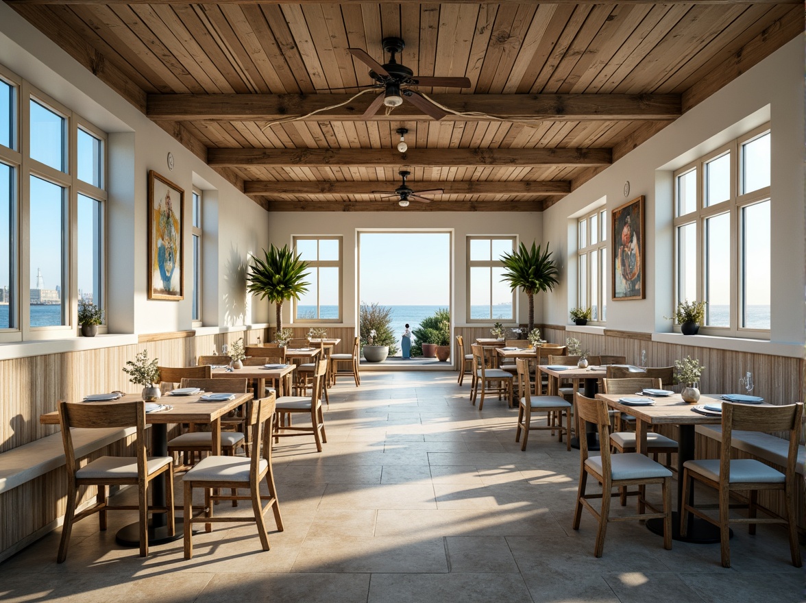 Prompt: Calming coastal dining hall, ocean-inspired color palette, soft blues, whites, sandy neutrals, weathered wood accents, nautical ropes, driftwood decorations, vintage marine instruments, warm golden lighting, shallow depth of field, 1/2 composition, serene atmosphere, realistic textures, ambient occlusion.