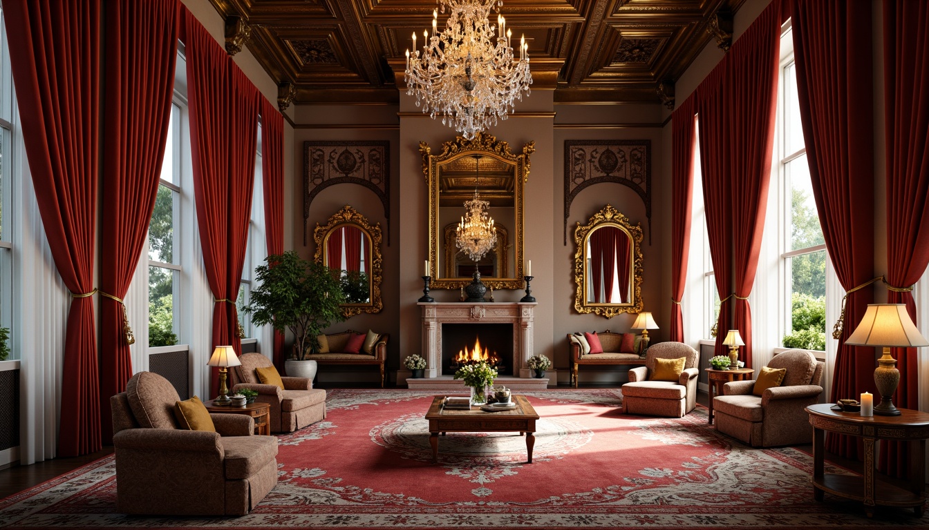 Prompt: Luxurious velvet drapes, ornate golden frames, intricately carved wooden furniture, richly patterned rugs, lavish crystal chandeliers, grandiose marble fireplaces, opulent silk upholstery, heavily gilded mirrors, dramatic curved lines, flamboyant baroque architecture, lavish decorative accents, warm candlelight, soft focus, shallow depth of field, 1/2 composition, realistic textures, ambient occlusion.