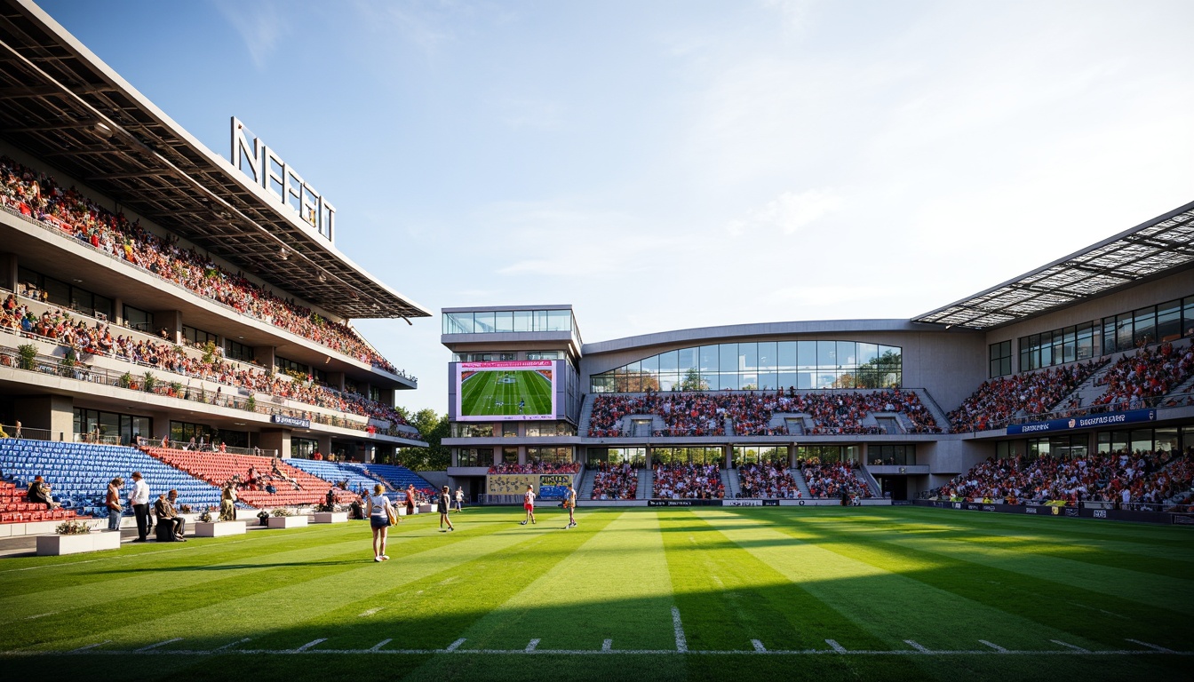 Prompt: Sleek football stadium, lightweight metal framework, curved rooflines, open-air seating, lush green grass, athletic tracks, modern LED scoreboard, vibrant team colors, transparent glass facades, cantilevered upper decks, airy concourses, minimalist design, sustainable building materials, natural ventilation systems, optimized structural efficiency, column-free sightlines, 3/4 composition, low-angle sunlight, soft warm lighting, realistic crowd simulation, ambient occlusion.