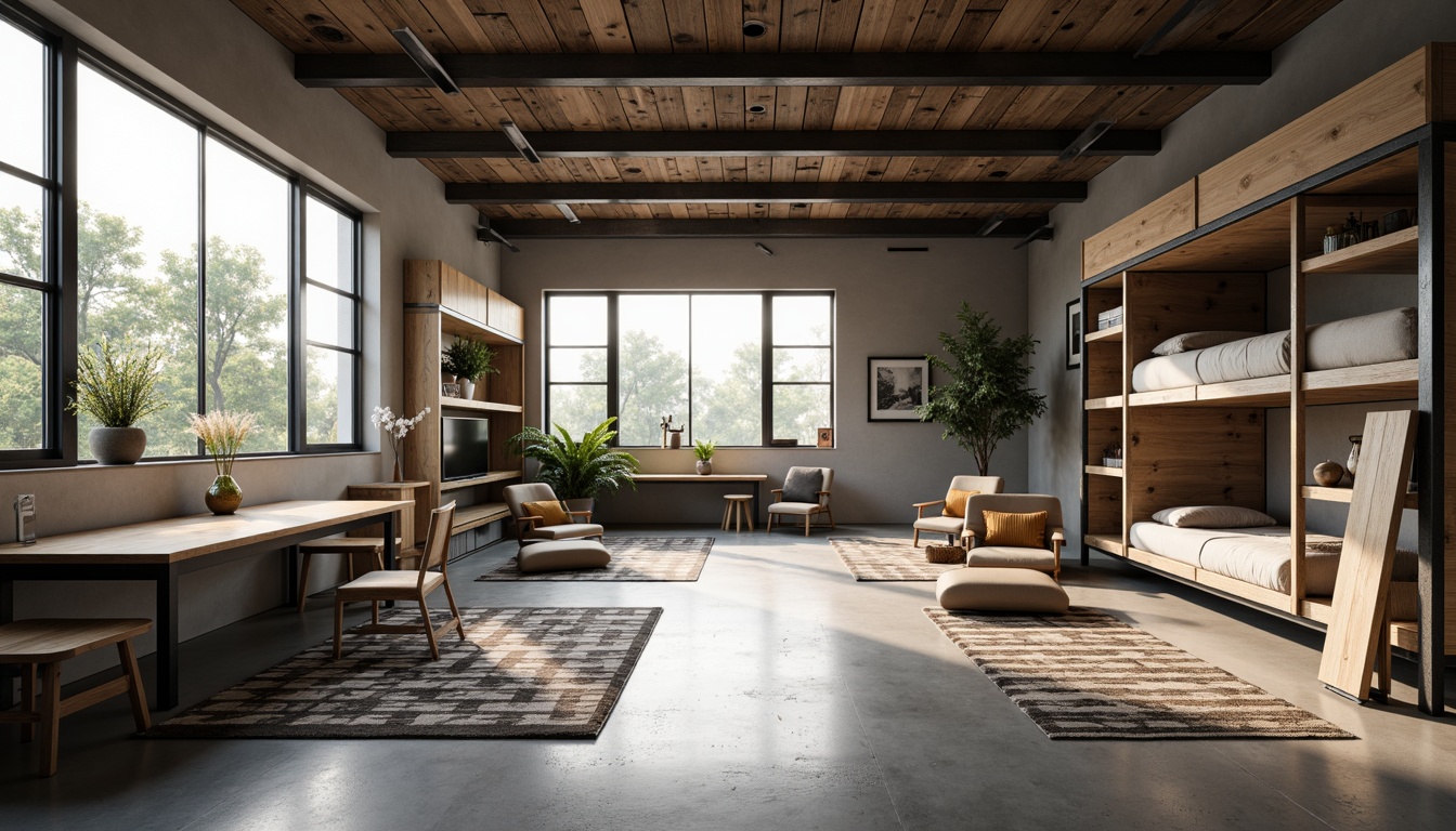 Prompt: Minimalist dormitory, functional furniture, industrial metal frames, sleek wooden tables, geometric-patterned rugs, monochromatic color scheme, optimized storage spaces, compact shelving units, space-saving Murphy beds, angular lines, steel-framed windows, natural light pouring in, soft warm lighting, 1/1 composition, realistic textures, ambient occlusion.