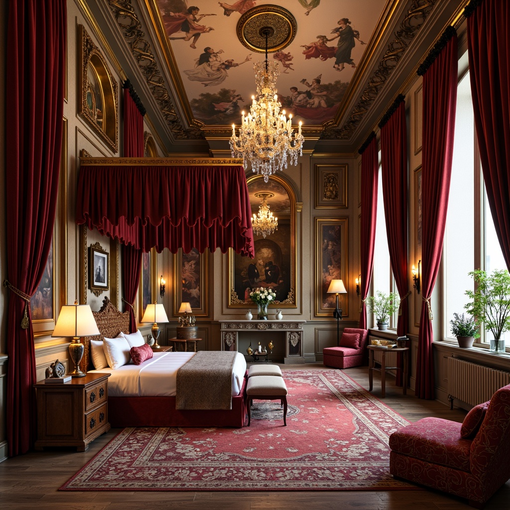 Prompt: Luxurious velvet drapes, ornate gold frames, richly patterned rugs, intricately carved wooden furniture, lavish crystal chandeliers, majestic four-poster beds, opulent marble countertops, grandiose mirrors, flamboyant fresco ceilings, warm candlelight, dramatic archways, stately columns, intricate moldings, regal throne-like chairs, lavish silk upholstery, antique bronze hardware, ornate ceramic vases, exquisite porcelain figurines, soft warm lighting, shallow depth of field, 3/4 composition, realistic textures, ambient occlusion.