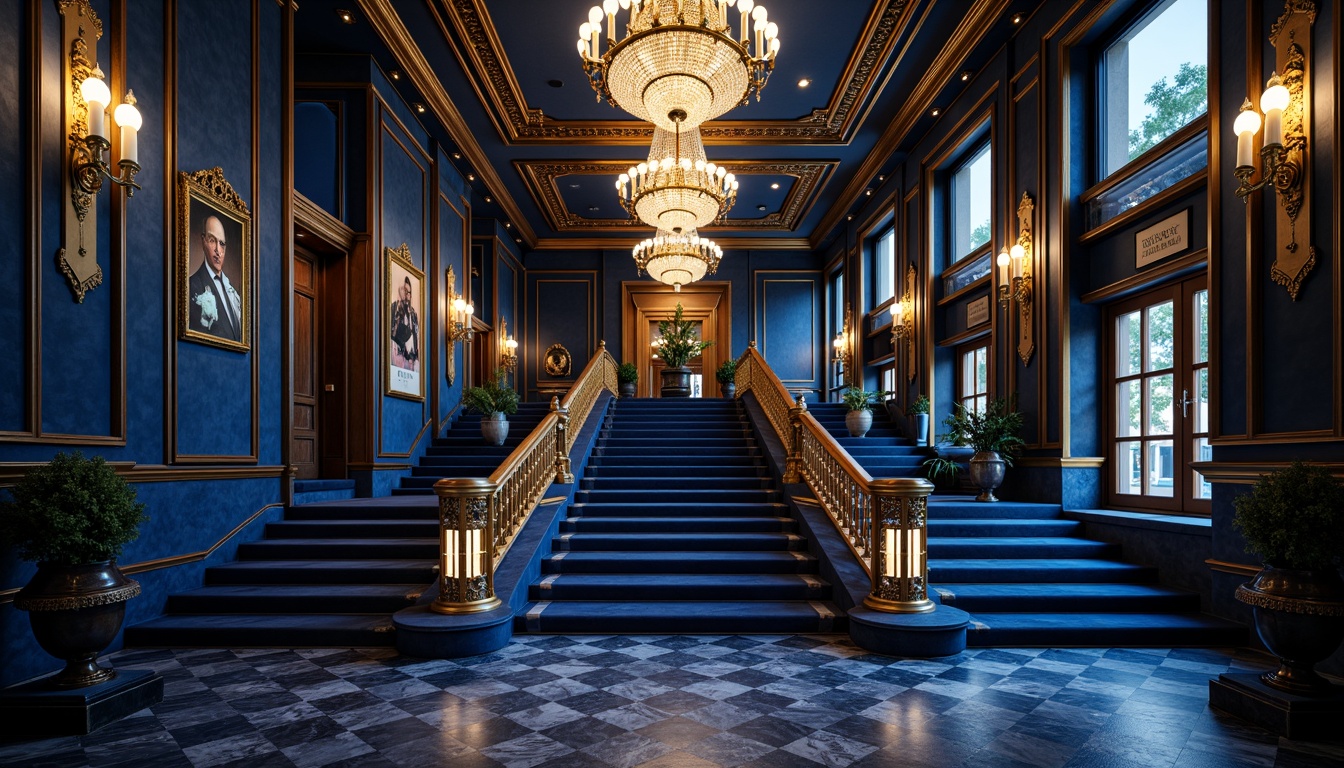 Prompt: Luxurious sapphire blue, deep navy tones, rich velvet textures, opulent gold accents, sophisticated marble patterns, lavish crystal chandeliers, extravagant ornate details, majestic grand staircase, elegant luxurious atmosphere, soft warm lighting, shallow depth of field, 3/4 composition, realistic reflections, ambient occlusion.