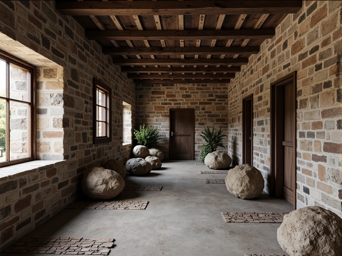 Prompt: Rough stone walls, distressed wooden planks, rusty metal accents, vintage brick facades, worn concrete floors, peeling paint textures, natural rock formations, intricate stonework patterns, earthy color palette, ambient occlusion, high-contrast lighting, dramatic shadows, 1/1 composition, realistic renderings.