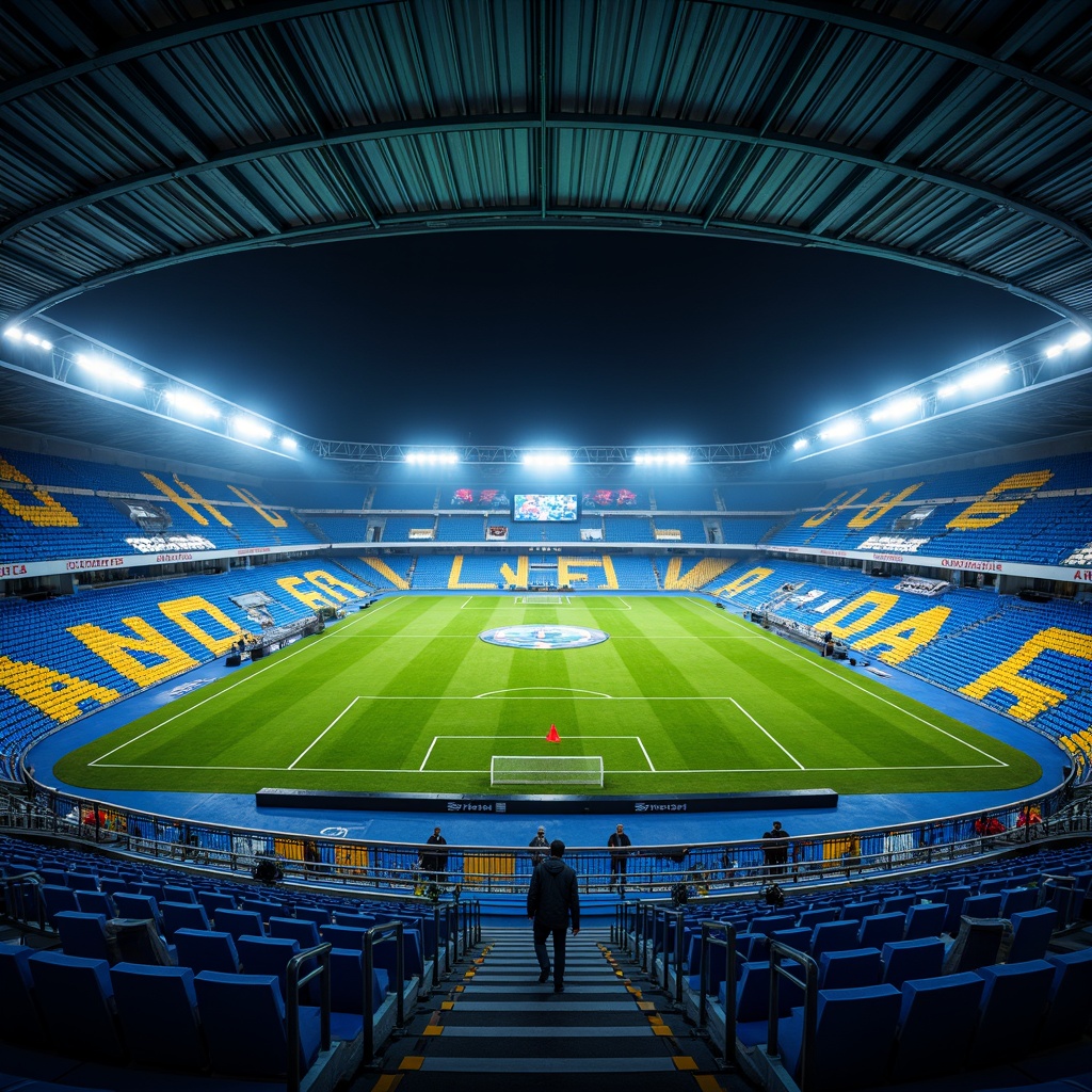 Prompt: Vibrant stadium architecture, bold geometric shapes, dynamic color scheme, electric blue seats, bright yellow accents, fiery red goalposts, lush green grass, sleek metal railings, modern LED lighting, dramatic nighttime illumination, misty atmospheric effects, shallow depth of field, 1/1 composition, panoramic view, realistic textures, ambient occlusion.