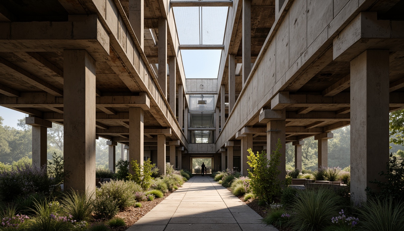 Prompt: Rustic brutalist architecture, exposed concrete structures, raw industrial materials, metal beams, distressed wood accents, earthy color palette, organic textures, geometric patterns, intricate structural details, dramatic natural light, high-contrast shadows, cinematic lighting, 1/1 composition, symmetrical framing, abstract expressionism, emotive atmospheric mood, tactile material exploration.