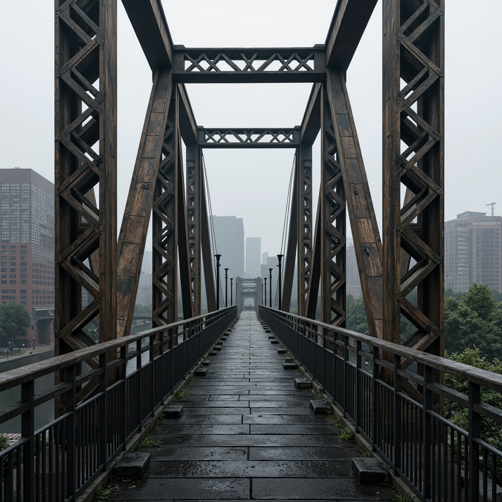 Prompt: Rustic steel bridges, industrial metallic textures, brutalist architectural style, exposed concrete pillars, geometric latticework, minimalist railings, weathered steel cables, suspension systems, dramatic overhead lighting, misty atmospheric conditions, low-key color palette, gritty urban landscapes, rugged stone foundations, abstract geometric shapes, bold structural forms, monochromatic color schemes, high-contrast shadows, cinematic framing, 2.35