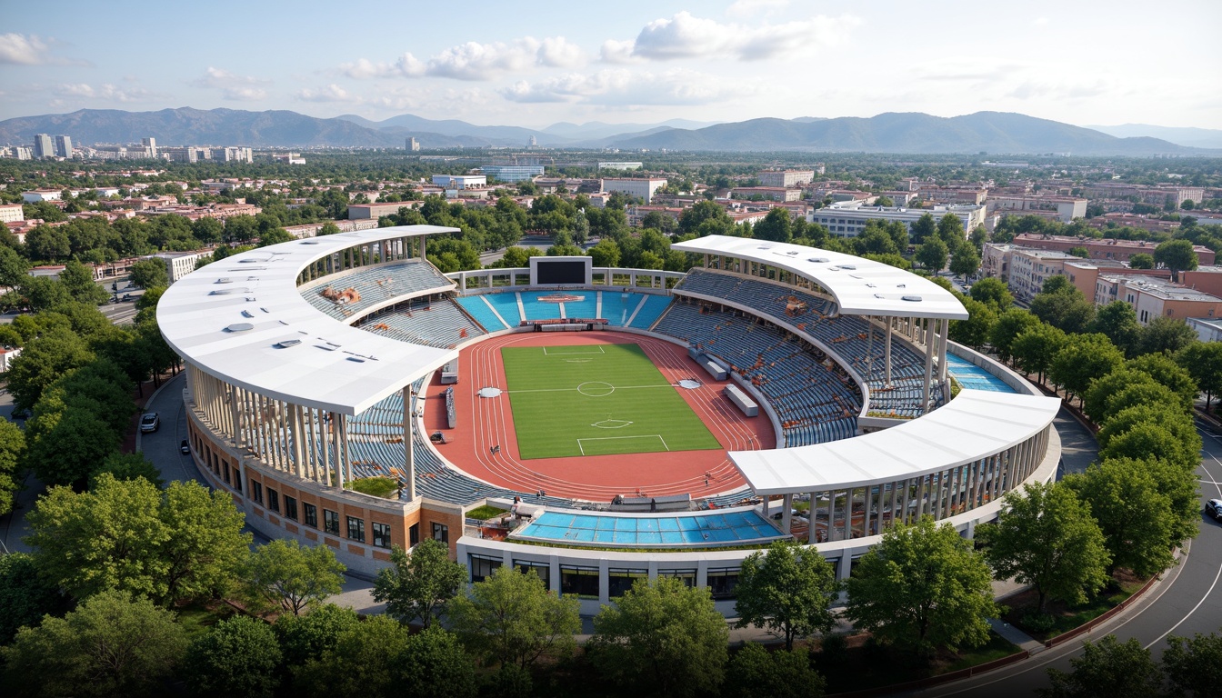 Prompt: Panoramic stadium landscape, lush greenery, rolling hills, natural stone seating areas, transparent roofs, retractable canopies, modern sports architecture, sleek metal structures, reflective glass fa\u00e7ades, dynamic LED lighting, vibrant team colors, athletic track fields, soccer pitches, basketball courts, tennis stadiums, Olympic-sized swimming pools, scenic viewing decks, tiered spectator stands, shaded concourses, misting systems, eco-friendly materials, sustainable energy solutions, solar panels, wind turbines, water conservation systems, green roofs, innovative cooling technologies, Arabic-inspired patterns, vibrant colorful textiles, intricate geometric motifs.