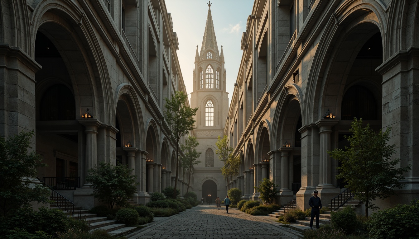 Prompt: Dark mysterious cathedral, towering spires, intricate stone carvings, stained glass windows, rich ornate details, eerie atmospheric lighting, dramatic shadows, cool gray stone walls, weathered copper accents, moss-covered statues, overgrown ivy, misty foggy day, warm golden sunlight, high contrast ratio, cinematic composition, mysterious ambient sounds.