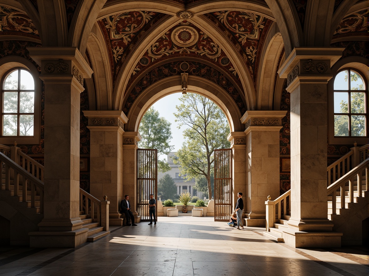 Prompt: Grand museum entrance, Romanesque archways, ornate carvings, rustic stone walls, vaulted ceilings, stained glass windows, intricate mosaics, classical columns, ornamental capitals, grand staircases, polished marble floors, warm soft lighting, subtle shadows, 1/1 composition, symmetrical framing, realistic textures, ambient occlusion.