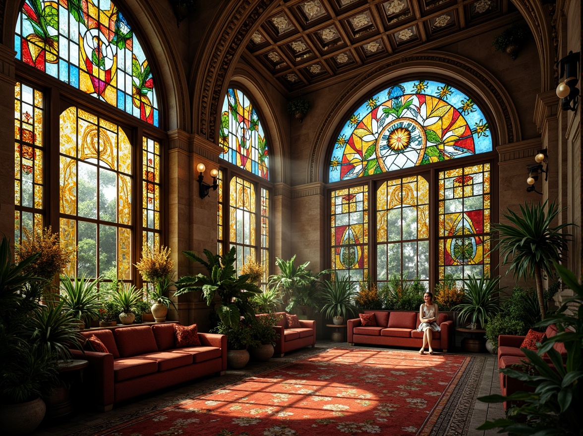 Prompt: Intricate stained glass windows, ornate metal frames, lush botanical patterns, flowing organic lines, vibrant jewel-toned colors, soft diffused light, dramatic shading, luxurious textures, opulent furnishings, grand architectural scales, sweeping curved lines, whimsical floral motifs, romantic ambiance, warm golden lighting, shallow depth of field, 1/1 composition, detailed realistic renderings.