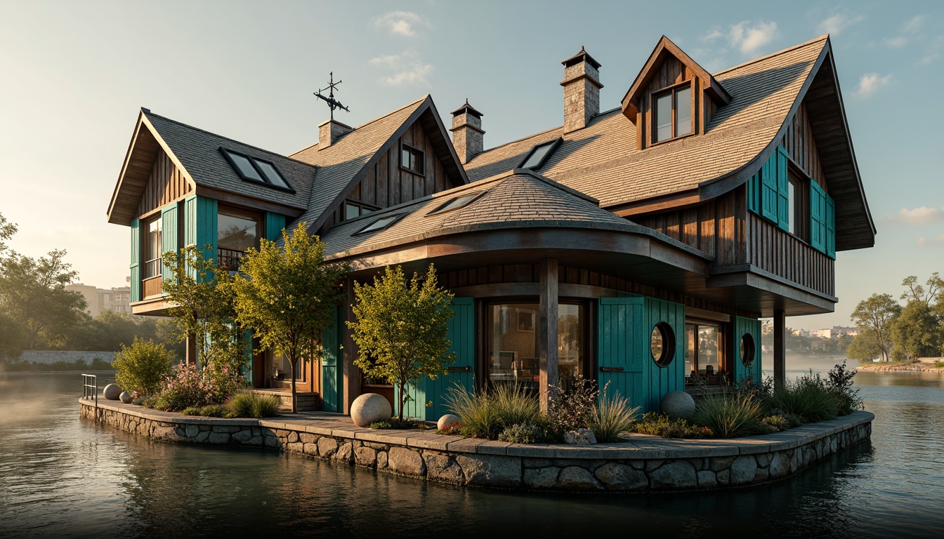 Prompt: Whimsical boathouse, eclectic roof design, multi-angled skylights, curved wooden beams, rusty metal accents, vibrant turquoise shutters, distressed wood textures, nautical ropes, porthole windows, playful weathervane, asymmetrical facade, bold colorblocking, lush greenery, overhanging eaves, intricate stonework, cozy attic space, warm golden lighting, dramatic shadows, 1/2 composition, atmospheric mist, realistic water reflections.