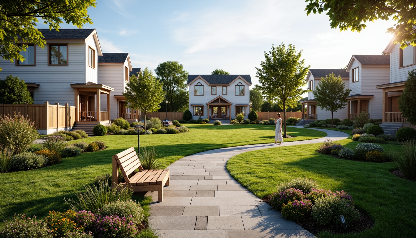 Prompt: Traditional suburban houses, manicured lawns, blooming flower beds, ornate garden benches, meandering stone pathways, rustic wooden fences, vintage street lamps, symmetrical architecture, classic columns, pitched roofs, dormer windows, neutral color palette, soft natural lighting, 1/2 composition, shallow depth of field, warm afternoon sun, gentle breeze, serene atmosphere, lush greenery, ambient occlusion.