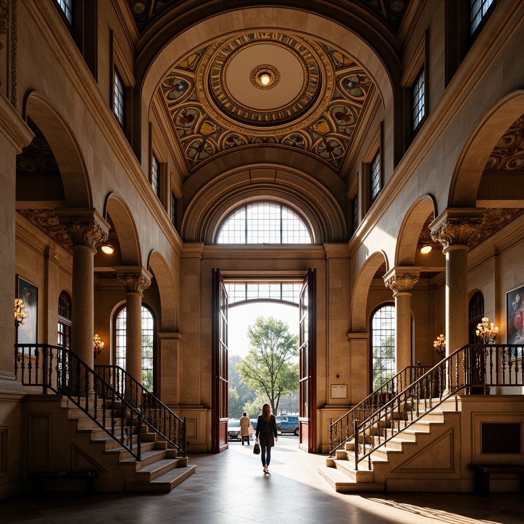 Prompt: Grand museum entrance, Romanesque archways, ornate stone carvings, rusticated columns, barrel-vaulted ceilings, groin vaults, ribbed domes, stained glass windows, intricate mosaics, polished marble floors, grand staircases, ornate metal railings, warm golden lighting, shallow depth of field, 1/2 composition, realistic textures, ambient occlusion.