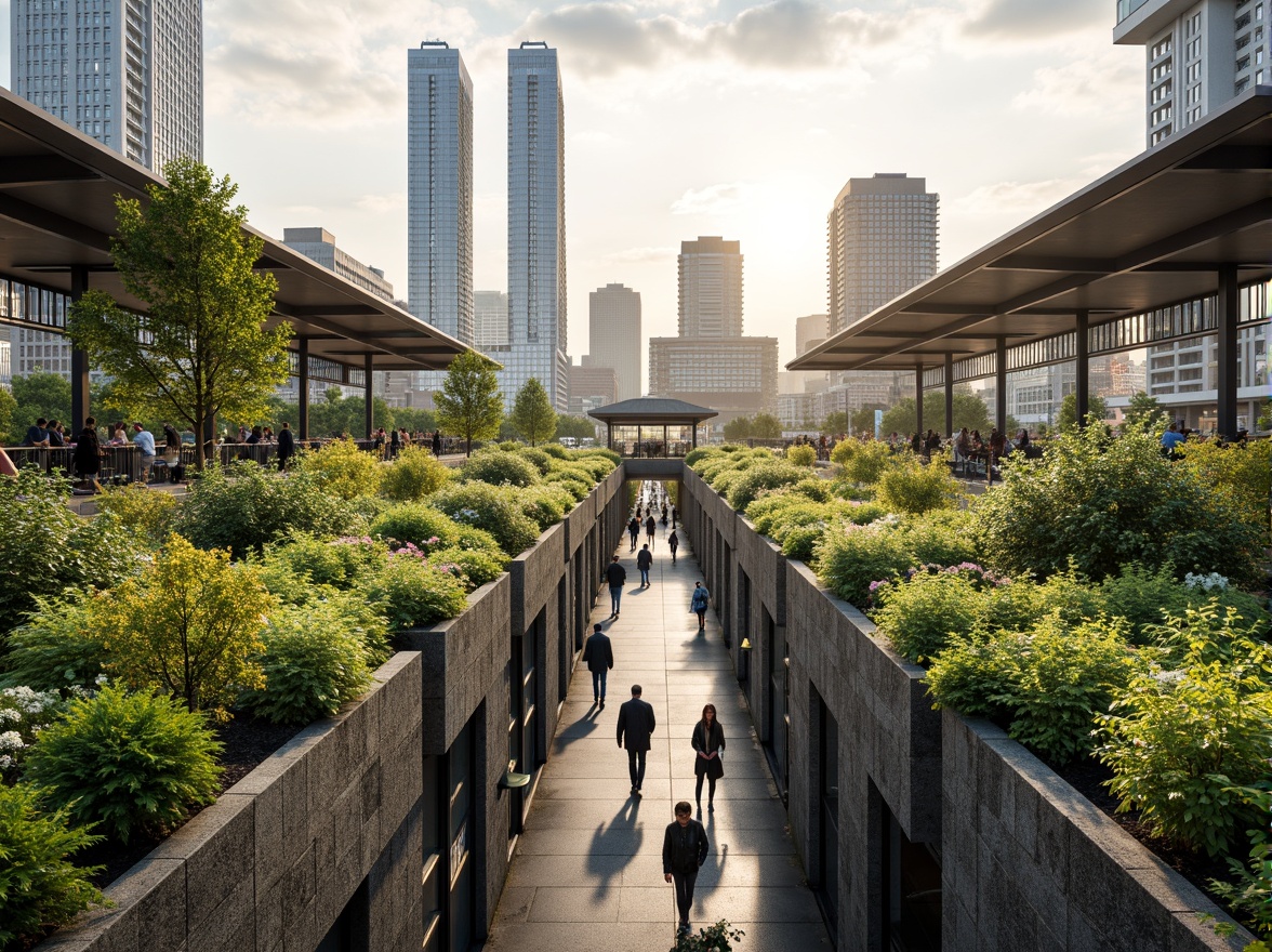 Prompt: Vibrant green roofs, lush vegetation, natural stone walls, modern train station architecture, large glass ceilings, panoramic city views, busy commuter atmosphere, soft warm lighting, shallow depth of field, 3/4 composition, realistic textures, ambient occlusion, eco-friendly materials, sustainable energy solutions, innovative cooling technologies, shaded outdoor spaces, misting systems, urban landscape integration, pedestrian-friendly access, cyclist amenities, public art installations, dynamic cityscape views.