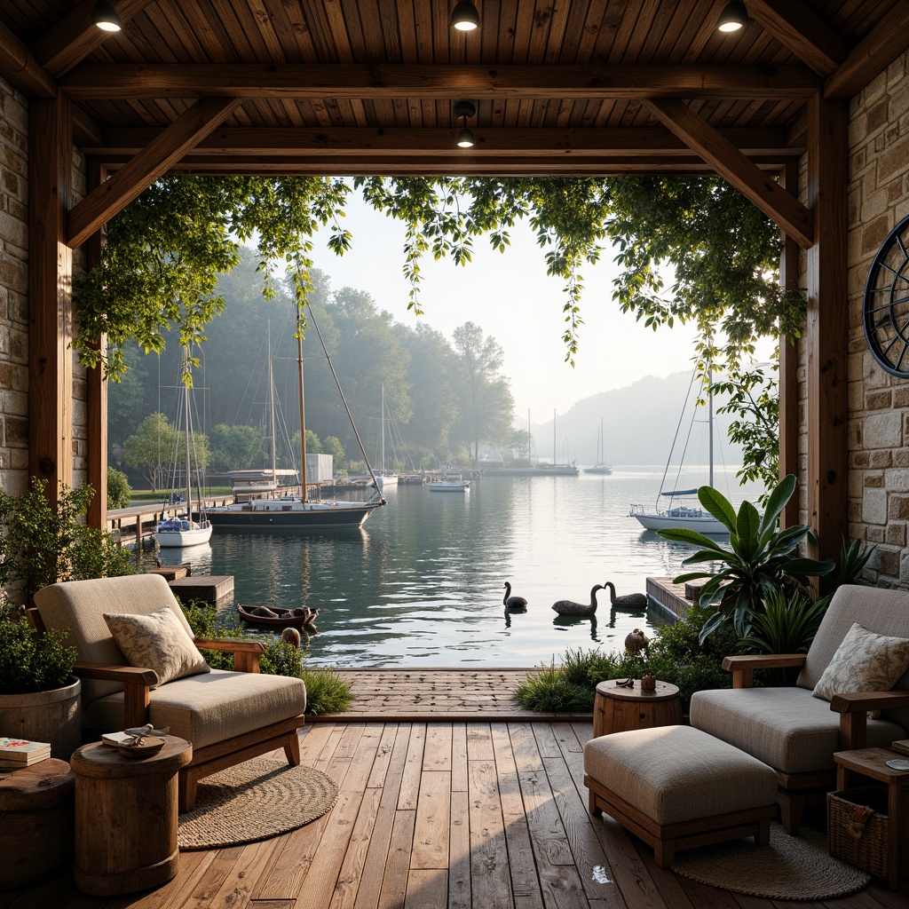 Prompt: Rustic boathouse, eclectic architecture, waterfront location, wooden dock, sailboats, yachts, rippling water, misty morning, soft warm lighting, shallow depth of field, 3/4 composition, panoramic view, natural stone walls, reclaimed wood accents, nautical decor, vintage navigation instruments, cozy reading nooks, plush textiles, earthy color palette, lush greenery, overhanging trees, serene atmosphere, organic shapes, asymmetrical design, whimsical ornaments.