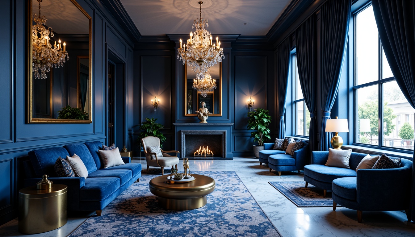 Prompt: Luxurious sapphire-inspired interior, rich blue hues, deep navy accents, elegant velvet fabrics, ornate gold fixtures, lavish crystal chandeliers, sophisticated marble floors, plush area rugs, dramatic floor-to-ceiling windows, natural daylight, warm ambient lighting, 1/1 composition, shallow depth of field, realistic textures, soft focus effect.