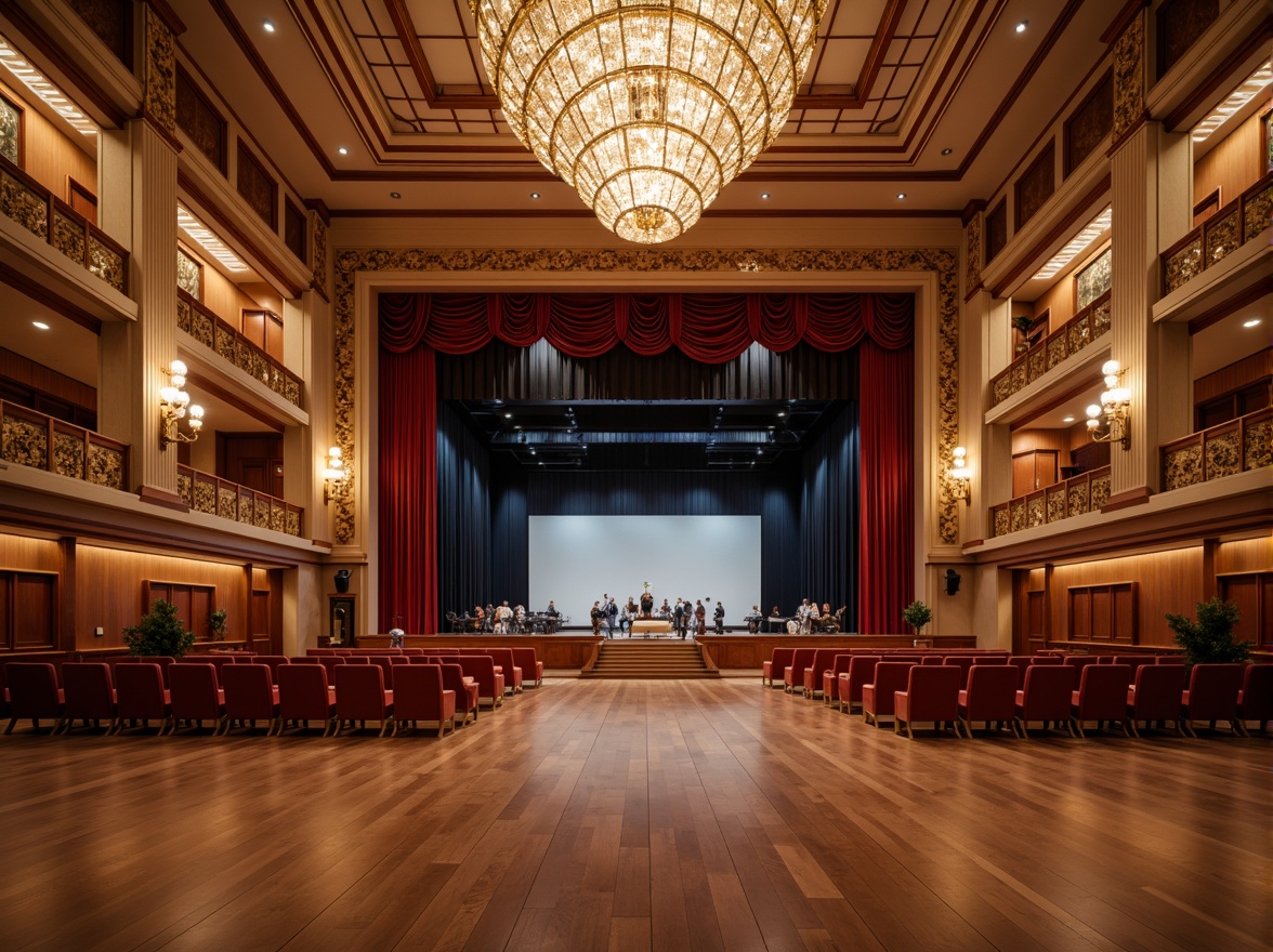 Prompt: Elegant concert hall, rich wood tones, polished wooden floors, ornate chandeliers, luxurious velvet curtains, golden accents, sophisticated color palette, neutral beige walls, warm earthy tones, deep crimson reds, navy blues, creamy whites, soft pastel shades, subtle texture overlays, dramatic spotlights, 3/4 composition, shallow depth of field, realistic reflections, ambient occlusion.