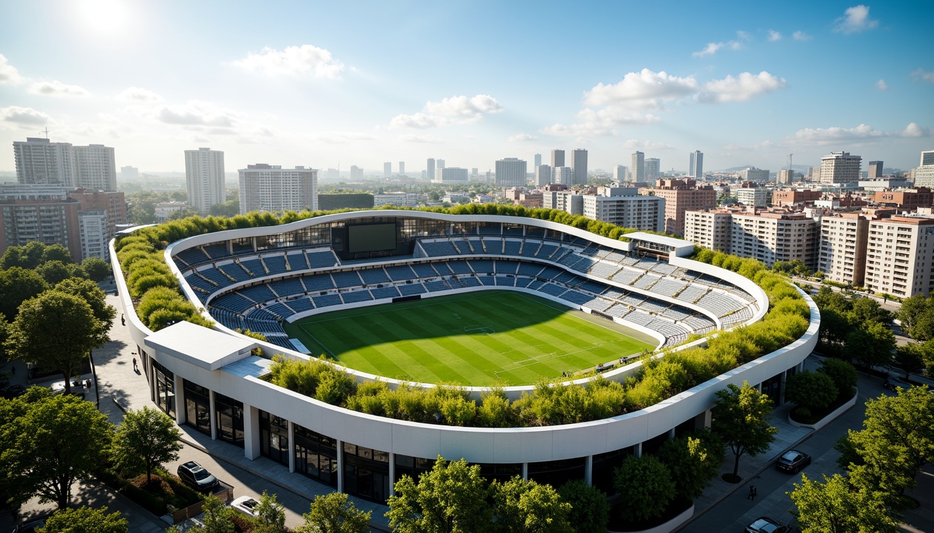 Prompt: Eco-friendly stadium, lush green roofs, solar panels, wind turbines, rainwater harvesting systems, recycled materials, energy-efficient LED lighting, natural ventilation systems, large windows, transparent facades, minimalist design, curved lines, modern architecture, vibrant colors, dynamic shapes, urban landscape, city skyline, clear blue sky, sunny day, soft warm lighting, shallow depth of field, 3/4 composition, panoramic view, realistic textures, ambient occlusion.