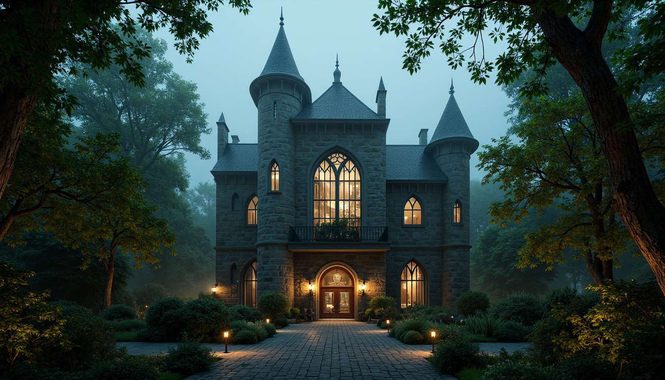 Prompt: Mysterious Gothic castle, rugged stone walls, grandiose spires, stained glass windows, ornate ironwork, misty foggy atmosphere, lush green forest, twisted ancient trees, overgrown vines, winding cobblestone paths, lantern-lit walkways, mystical moonlight, dramatic chiaroscuro, 1/1 composition, symmetrical framing, vibrant warm colors, intricate textures, ambient shadows.