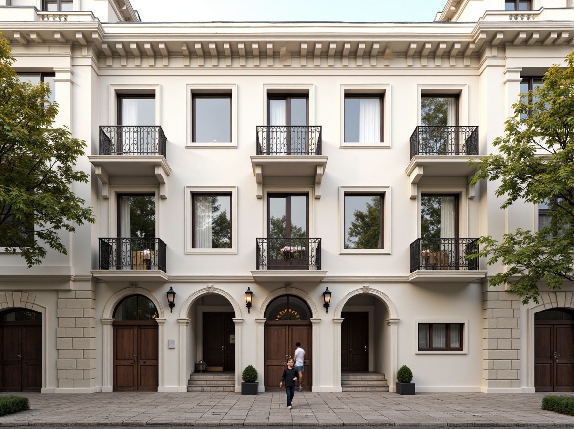 Prompt: Elegant social housing facade, classicism style, symmetrical composition, ornate detailing, neutral color palette, creamy whites, soft grays, warm beiges, rusticated base, pilasters, arched windows, ornate doorways, balconies with intricate metalwork, decorative railings, subtle texture variations, soft natural lighting, 1/2 composition, shallow depth of field, realistic materials, ambient occlusion.