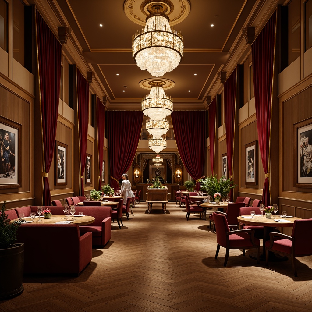 Prompt: Elegant dining hall, luxurious chandeliers, refined wooden flooring, sophisticated wall paneling, plush velvet drapes, lavish marble tables, comfortable upholstered chairs, ornate metal fixtures, soft warm lighting, shallow depth of field, 1/2 composition, intimate atmosphere, realistic textures, ambient occlusion.