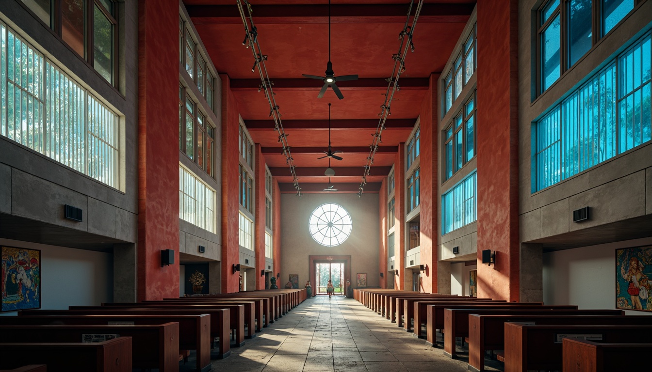 Prompt: Dramatic church interior, brutalist architecture style, raw concrete walls, minimalist decor, bold color palette, vibrant red accents, deep blue tones, earthy brown hues, stark white surfaces, industrial metal fixtures, geometric patterned stained glass windows, abstract murals, spiritual ambiance, soft warm lighting, low-angle shot, atmospheric mist, 1/2 composition, cinematic mood, realistic textures, subtle noise effect.