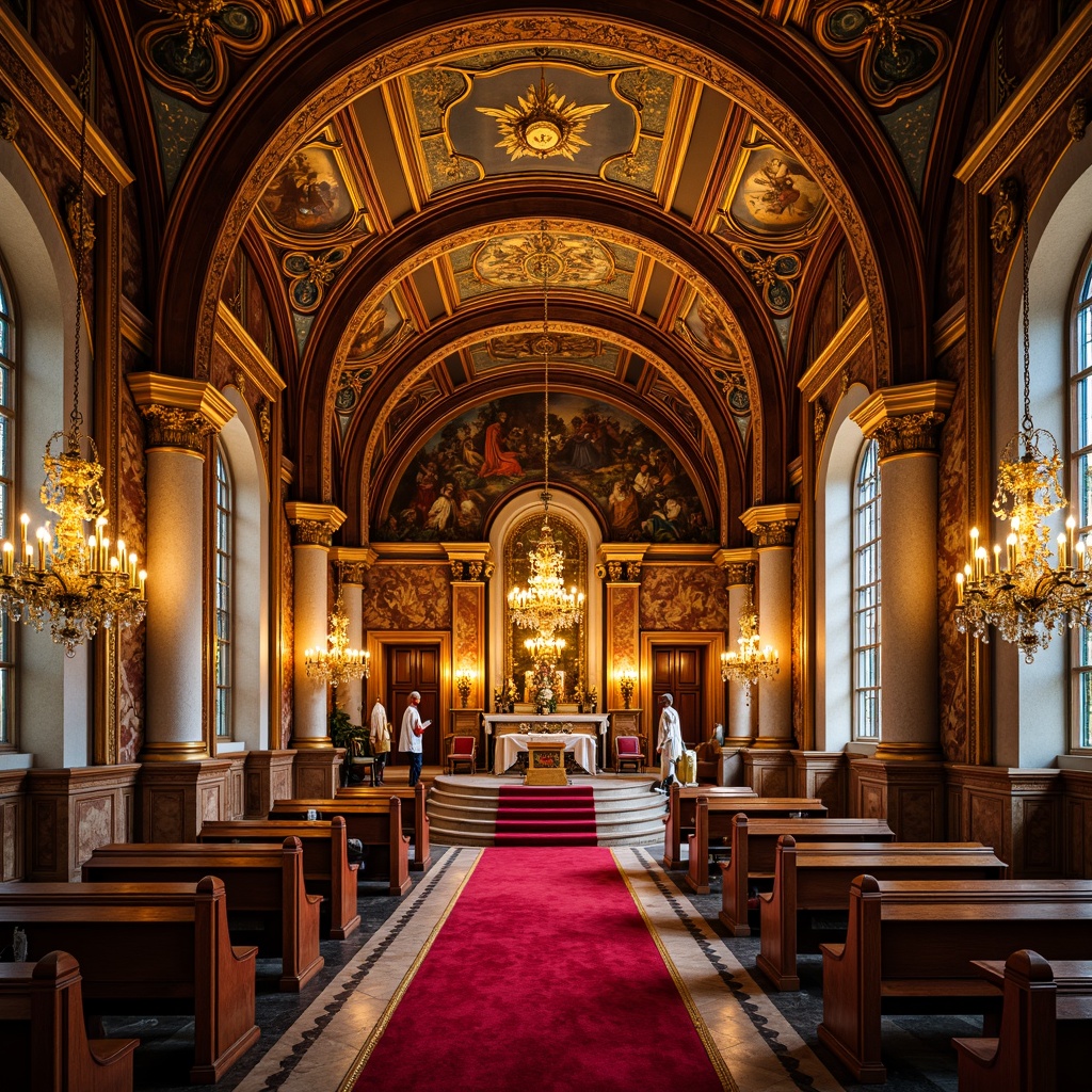 Prompt: Ornate church, gilded ornaments, rich velvet drapes, intricately carved wooden panels, majestic stone columns, grandiose staircases, ornamental frescoes, lavish chandeliers, warm golden lighting, soft focus, shallow depth of field, 1/2 composition, symmetrical framing, vivid colors, bold contrasts, luxurious fabrics, regal reds, imperial blues, golden yellows, creamy whites, rich browns.