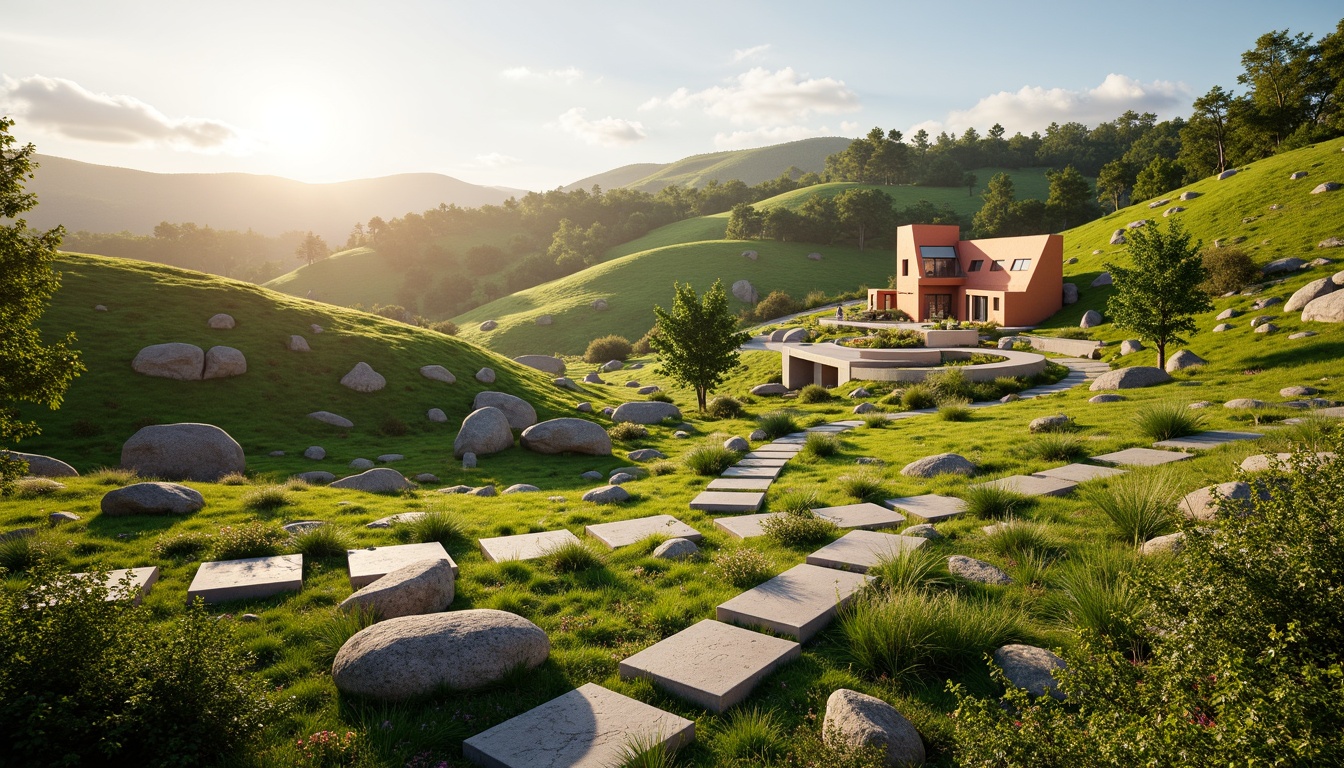 Prompt: Rolling hills, lush green meadows, winding stone pathways, fragmented rock formations, abstract sculpture gardens, modern constructivist architecture, geometric building forms, bold colorful accents, dynamic spatial relationships, overlapping planes, multiple vanishing points, atmospheric perspective, warm golden lighting, soft focus, 1/2 composition, wide-angle lens, subtle texture mapping, ambient Occlusion.