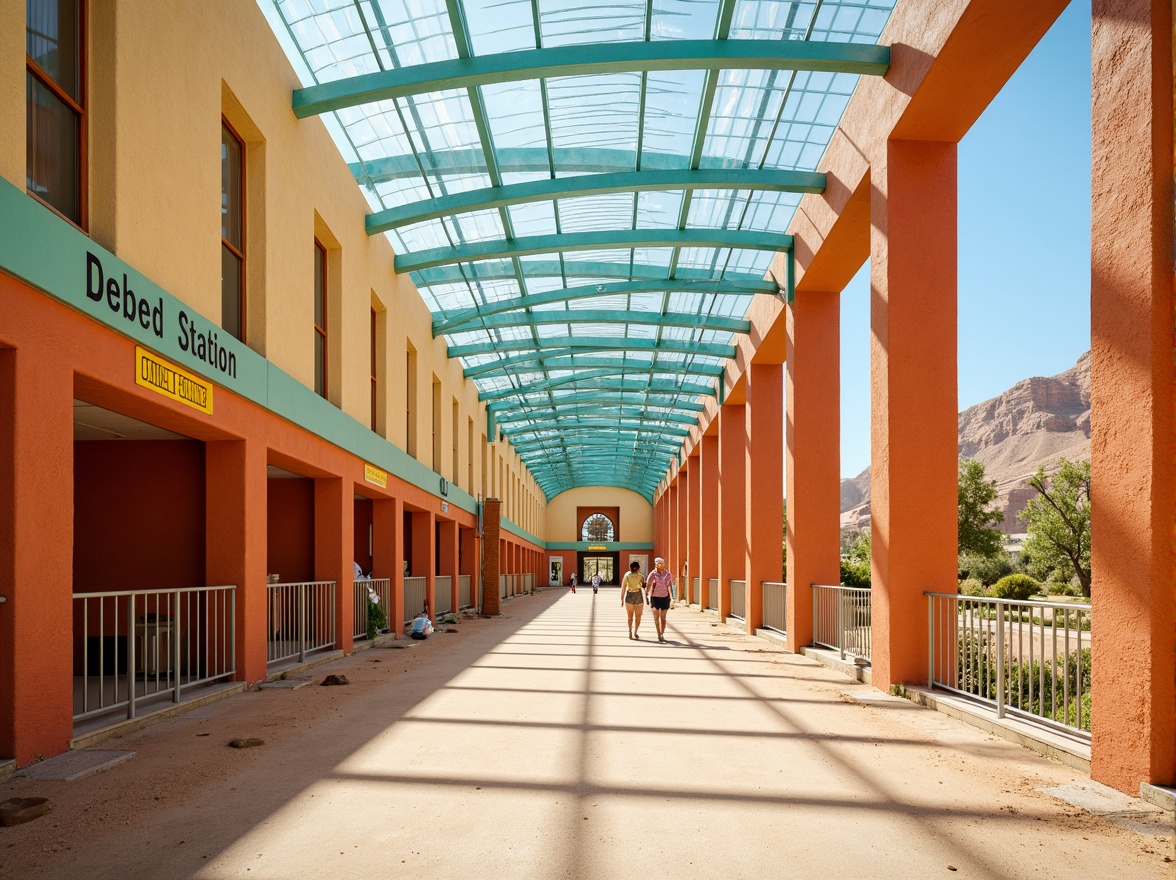 Prompt: Vibrant desert metro station, warm beige walls, terracotta-red columns, sandy-brown floors, turquoise accents, bright yellow signage, metallic silver railings, glass ceiling with natural light, modern architecture, curved lines, minimalist design, sustainable materials, eco-friendly infrastructure, hot sunny day, clear blue sky, vast open space, cactus plants, desert flora patterns, intricate geometric motifs, realistic textures, ambient occlusion, shallow depth of field, 3/4 composition, panoramic view.