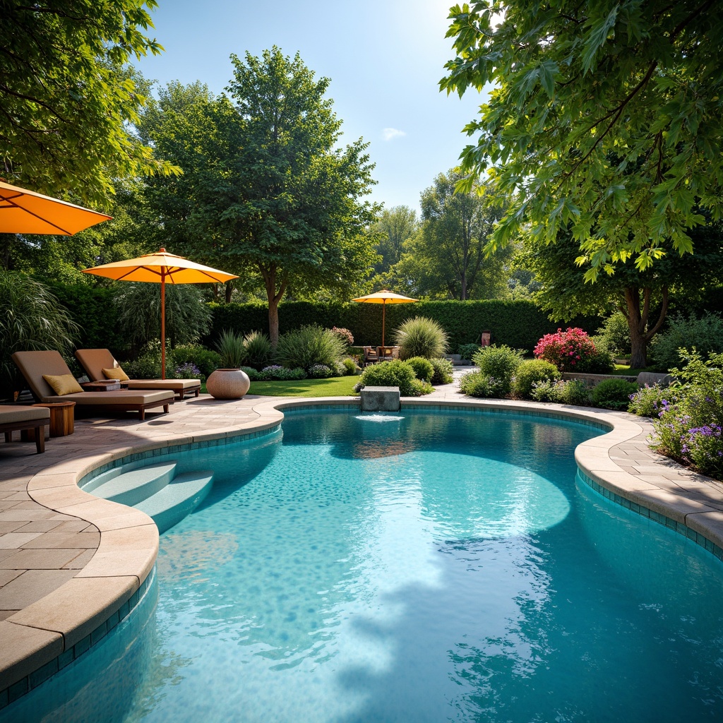 Prompt: Luxurious backyard oasis, sparkling blue pool water, natural stone coping, lush greenery surroundings, vibrant flowering plants, comfortable lounge chairs, colorful outdoor umbrellas, refreshing misting systems, warm sunny day, soft gentle breeze, shallow depth of field, 3/4 composition, realistic textures, ambient occlusion.