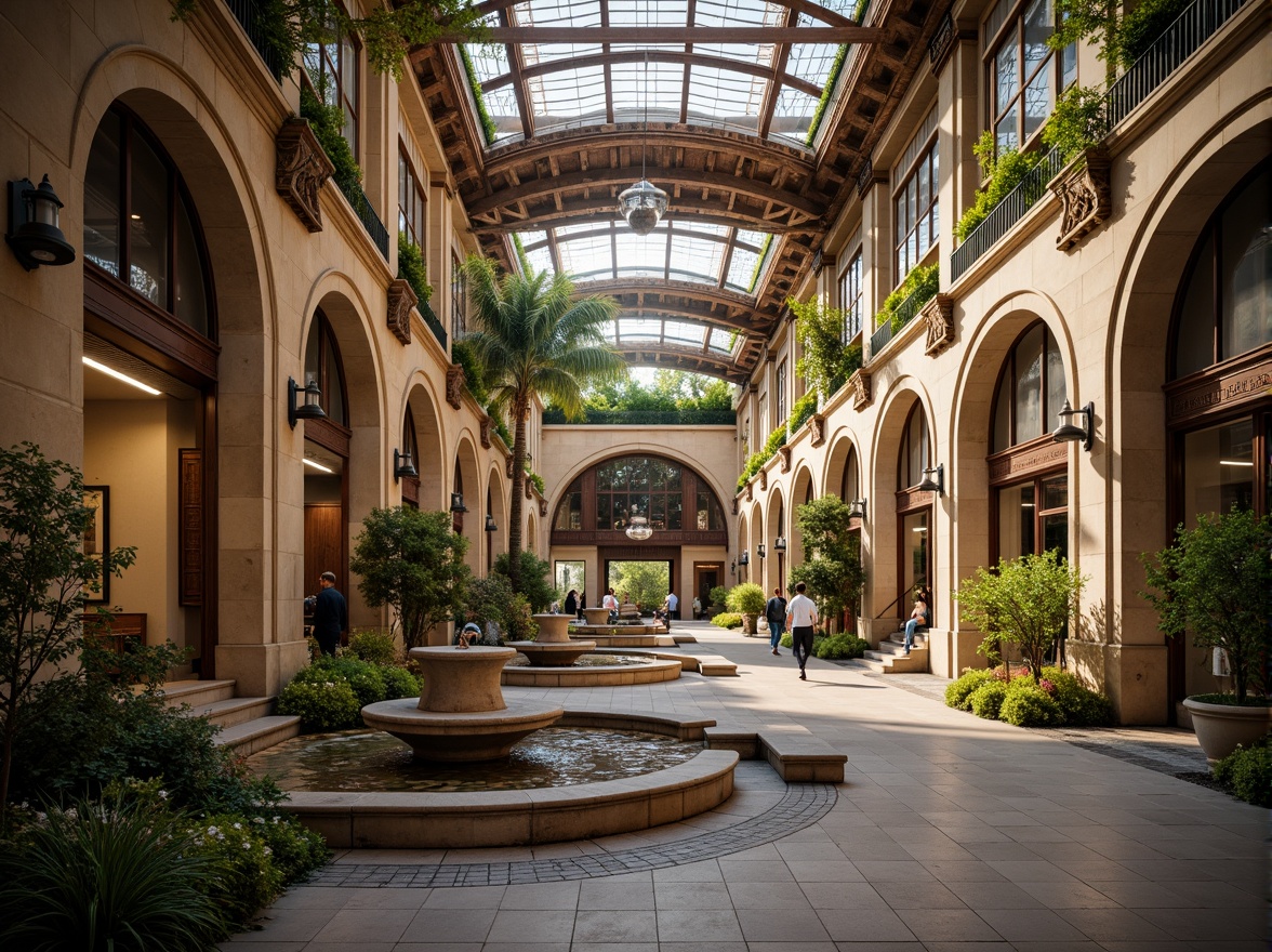 Prompt: Grandiose metro station, Romanesque arches, ornate stonework, intricate carvings, lush greenery, vibrant flowers, majestic fountains, elegant lamp posts, natural stone walkways, curved staircases, high ceilings, grand chandeliers, warm ambient lighting, shallow depth of field, 1/2 composition, symmetrical framing, realistic textures, ambient occlusion.