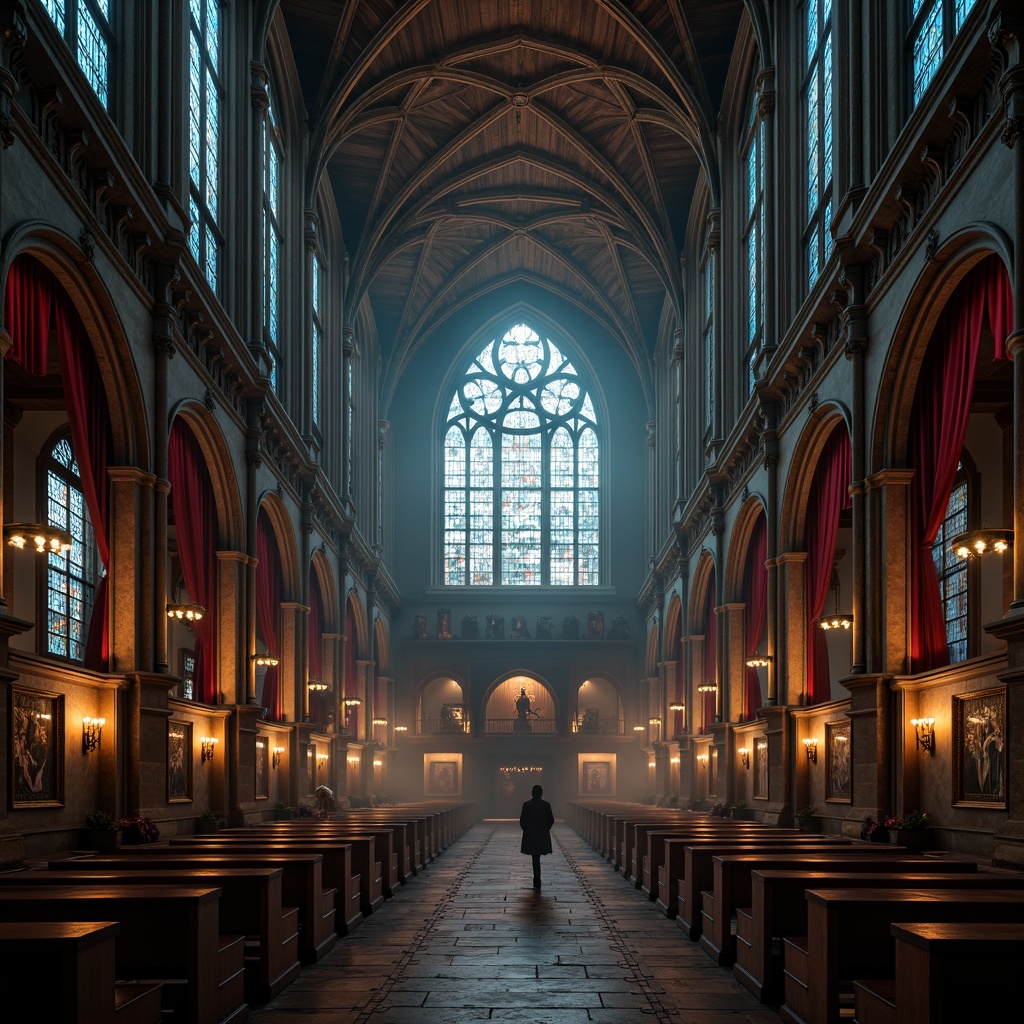 Prompt: Grandiose Gothic cathedral, ornate stone carvings, stained glass windows, vaulted ceilings, intricate wooden furnishings, rich velvet drapes, mysterious ambiance, dim warm lighting, dramatic shadows, symmetrical composition, imposing arches, grand staircases, luxurious textiles, mystical atmosphere, eerie silence, high contrast ratio, cinematic mood, atmospheric fog.