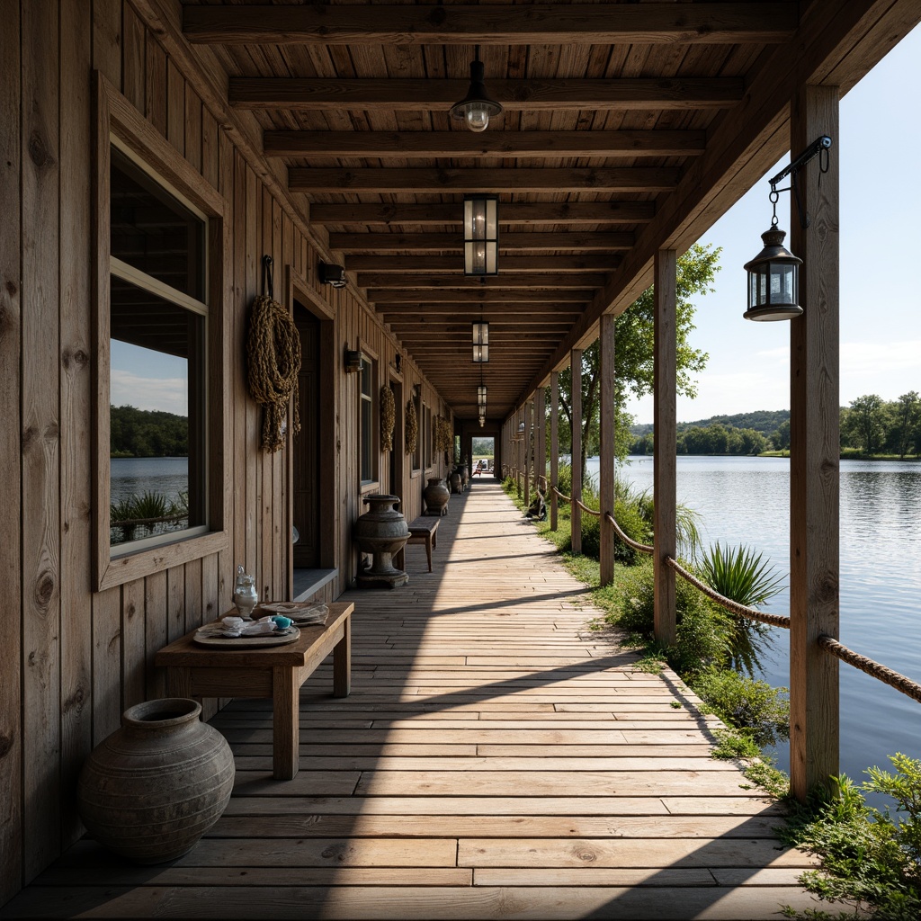 Prompt: Rustic boathouse, wooden dock, nautical ropes, vintage lanterns, distressed wood textures, weathered metal accents, ornate wooden carvings, aquatic plants, serene lake views, sunny afternoon, warm soft lighting, shallow depth of field, 1/2 composition, intimate framing, realistic water reflections, ambient occlusion.