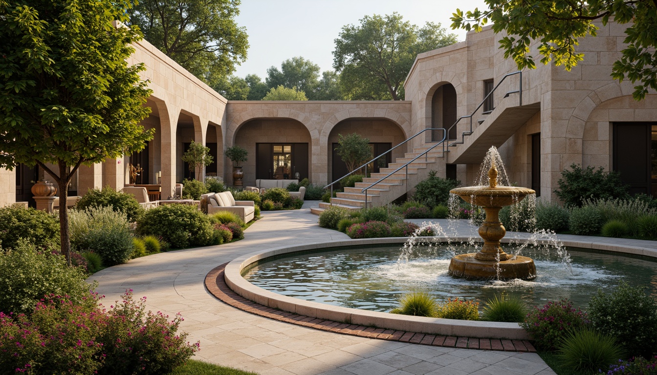 Prompt: Ornate fountains, lush greenery, vibrant flowers, curved pathways, ornamental statues, grand staircases, majestic archways, intricately carved stone walls, rustic brick buildings, symmetrical gardens, serene water features, classical sculptures, soft warm lighting, shallow depth of field, 3/4 composition, panoramic view, realistic textures, ambient occlusion.