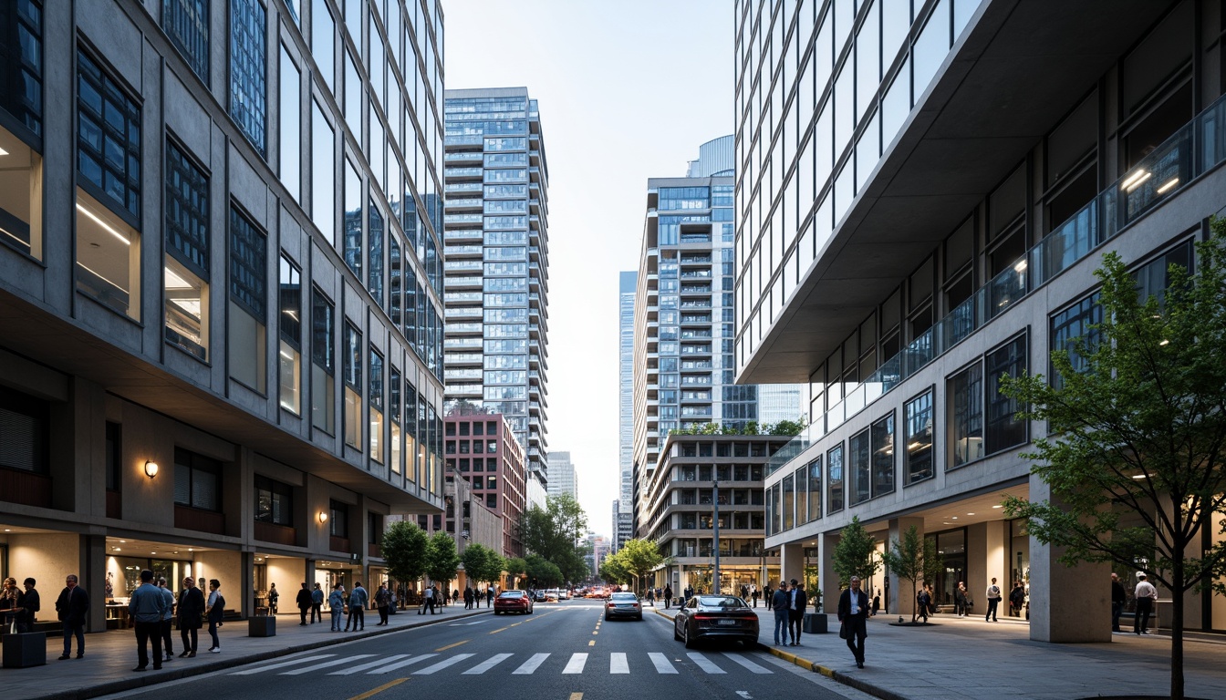 Prompt: Glass curtain walls, sleek metal frames, minimalist ornamentation, rectangular forms, clean lines, cantilevered floors, open floor plans, functional simplicity, industrial materials, urban cityscape, busy streets, modern skyscrapers, steel beams, concrete structures, large windows, natural light, airy atmosphere, 1/1 composition, high-angle shot, dramatic lighting, realistic reflections.