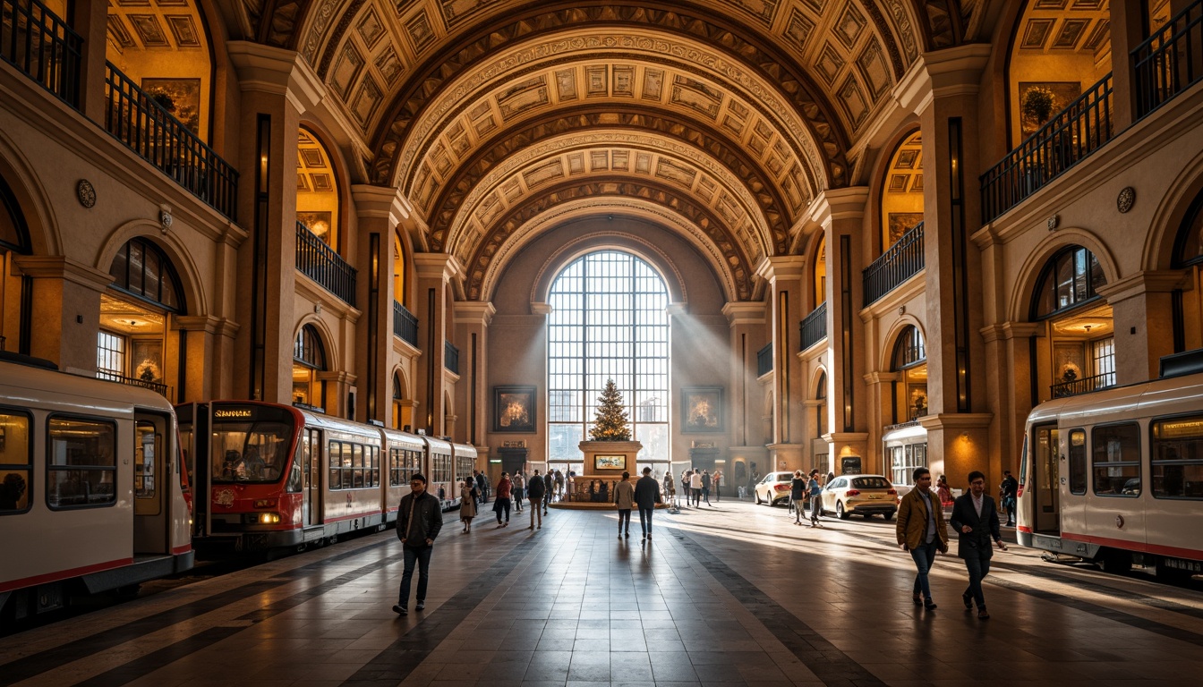 Prompt: Grand metro station, Romanesque archways, ornate columns, vaulted ceilings, intricate carvings, rustic stone walls, warm golden lighting, busy urban atmosphere, modern transportation hub, sleek trains, futuristic escalators, bustling pedestrian traffic, vibrant city life, shallow depth of field, 1/1 composition, symmetrical framing, realistic textures, ambient occlusion.