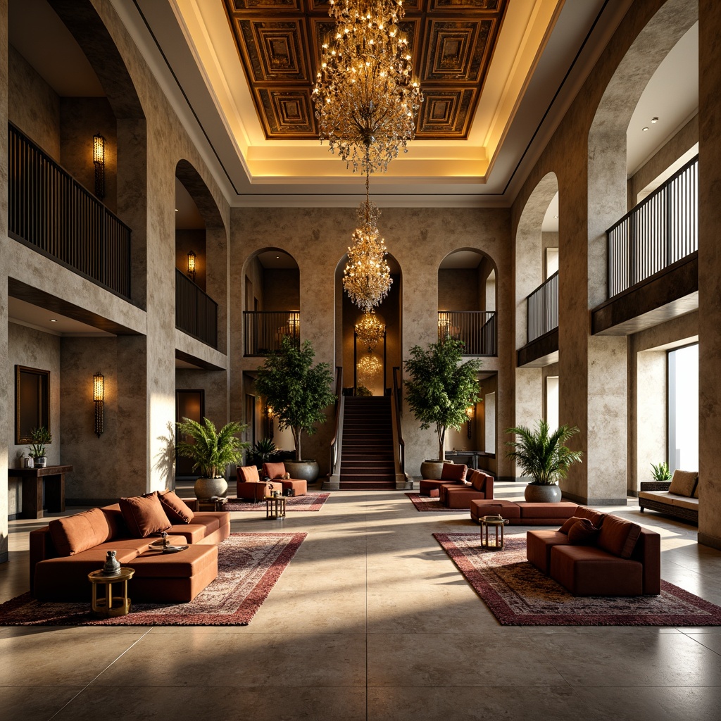 Prompt: Luxurious hotel lobby, ornate chandeliers, marble flooring, plush area rugs, velvet sofas, gold accents, grand staircases, elegant archways, tropical plants, natural stone walls, warm ambient lighting, soft focus, shallow depth of field, 2/3 composition, inviting atmosphere, refined textures, subtle patterns.