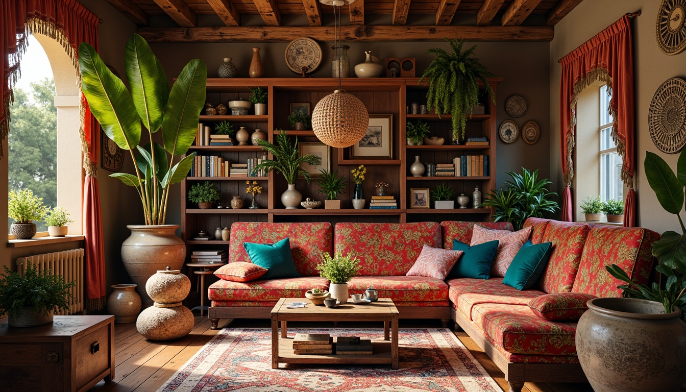 Prompt: Vibrant bohemian interior, eclectic mix of antique furniture, vintage decorative items, bold colorful patterns, rich textiles, plush throw pillows, distressed wood accents, ornate metal details, exotic Moroccan tiles, lush greenery, natural light, warm golden lighting, shallow depth of field, 1/1 composition, realistic textures, ambient occlusion.