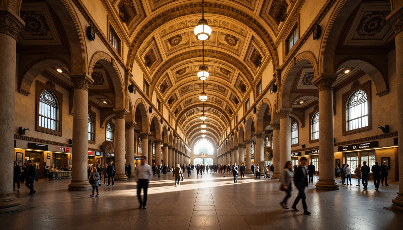 Prompt: Grand metro station, vaulted archways, Romanesque columns, ornate carvings, intricate mosaics, high ceilings, natural stone walls, grand chandeliers, warm golden lighting, bustling urban atmosphere, morning rush hour, shallow depth of field, 1/1 composition, symmetrical framing, realistic textures, ambient occlusion.