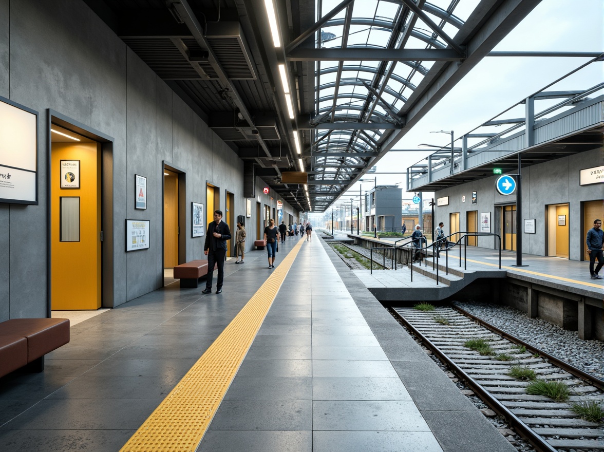 Prompt: Accessible tram station, gentle ramps, wide elevators, Braille signage, audio announcements, tactile maps, wheelchair-accessible platforms, comfortable seating areas, clear wayfinding signs, automated doors, energy-efficient lighting, modern minimalist architecture, stainless steel handrails, glass roofs, natural ventilation systems, calming color scheme, soft indirect lighting, shallow depth of field, 1/1 composition, panoramic view, realistic textures, ambient occlusion.