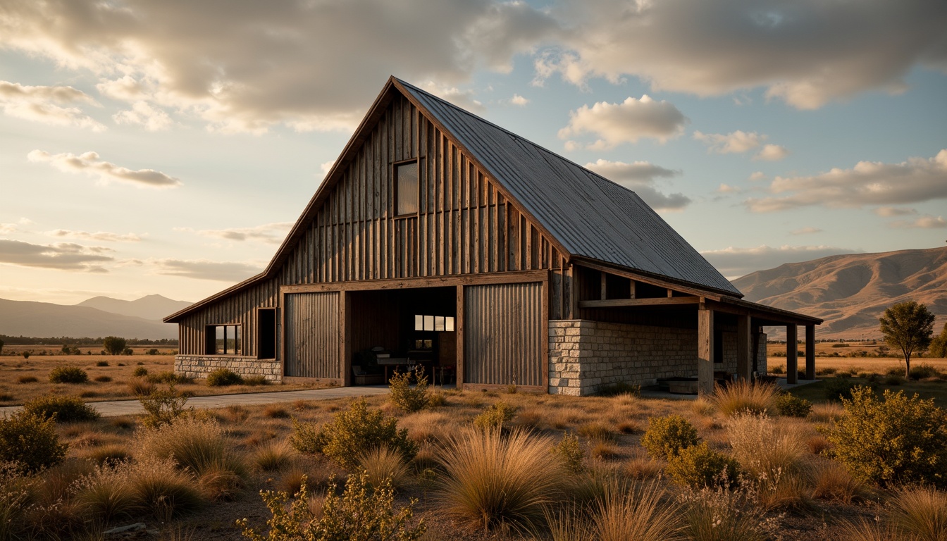 Prompt: Rustic barn, reclaimed wood, weathered steel, corrugated metal sheets, wooden beams, natural stone foundation, earthy tones, rural landscape, rolling hills, vast open spaces, dramatic skies, warm golden lighting, soft focus, shallow depth of field, 1/2 composition, symmetrical framing, authentic textures, subtle color grading.