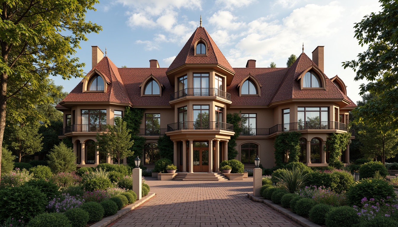 Prompt: Ornate classic mansion, pitched rooflines, terra cotta tiles, grand entranceways, ornamental chimneys, carved wooden doors, stained glass windows, ivy-covered walls, lush green gardens, vintage street lamps, warm afternoon sunlight, soft shadow lighting, 1/1 composition, detailed textures, ambient occlusion, realistic materials.