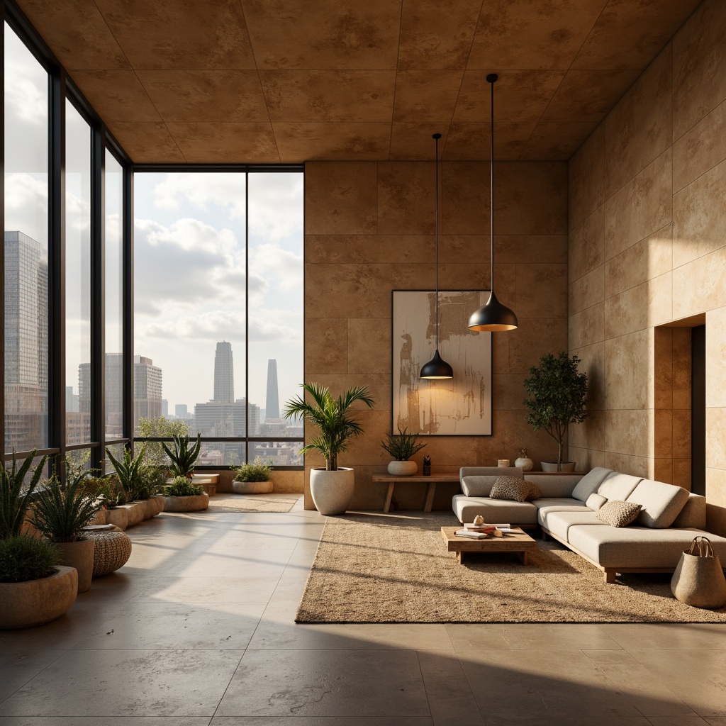 Prompt: Earthy modernist architecture, sienna-hued stone walls, angular lines, minimalist design, large windows, industrial metal frames, polished concrete floors, abstract geometric patterns, warm beige tones, natural textiles, pendant lamps, open floor plans, urban cityscape views, cloudy grey skies, soft diffused lighting, 1/1 composition, realistic material textures, ambient occlusion.