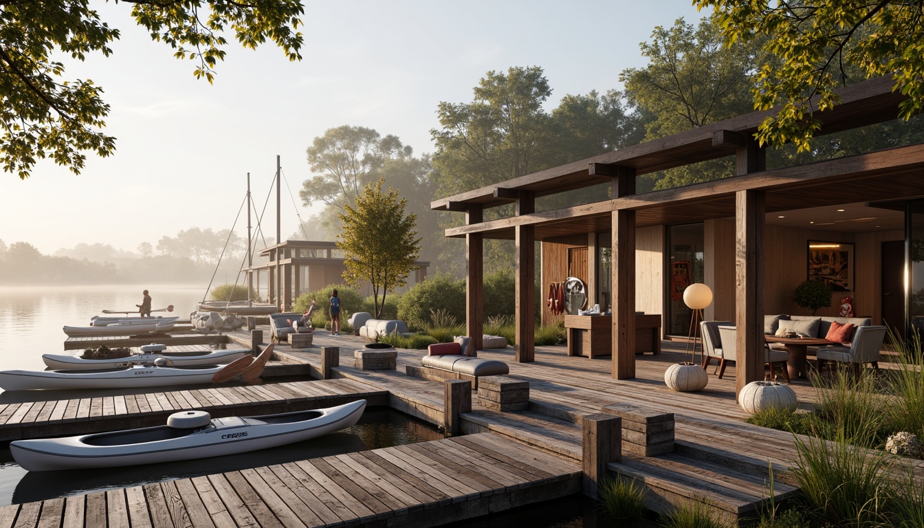 Prompt: Waterfront location, modern boathouse design, rustic wooden docks, nautical ropes, sailboats, kayaks, paddles, life rings, lakeside scenery, surrounding trees, misty morning atmosphere, soft golden lighting, shallow depth of field, 2/3 composition, panoramic view, realistic water reflections, ambient occlusion, industrial metal accents, reclaimed wood textures, cozy interior spaces, plush furnishings, nautical-themed decor.