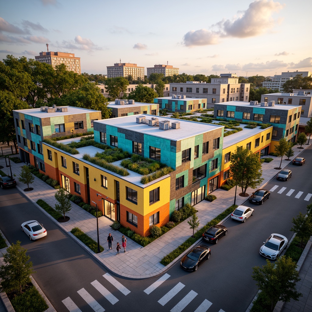 Prompt: Vibrant community center, modern social housing, sustainable facade treatments, green walls, living roofs, solar panels, wind turbines, recycled materials, colorful murals, urban gardens, bustling streets, diverse cultural backgrounds, lively neighborhood, warm evening lighting, shallow depth of field, 3/4 composition, realistic textures, ambient occlusion.