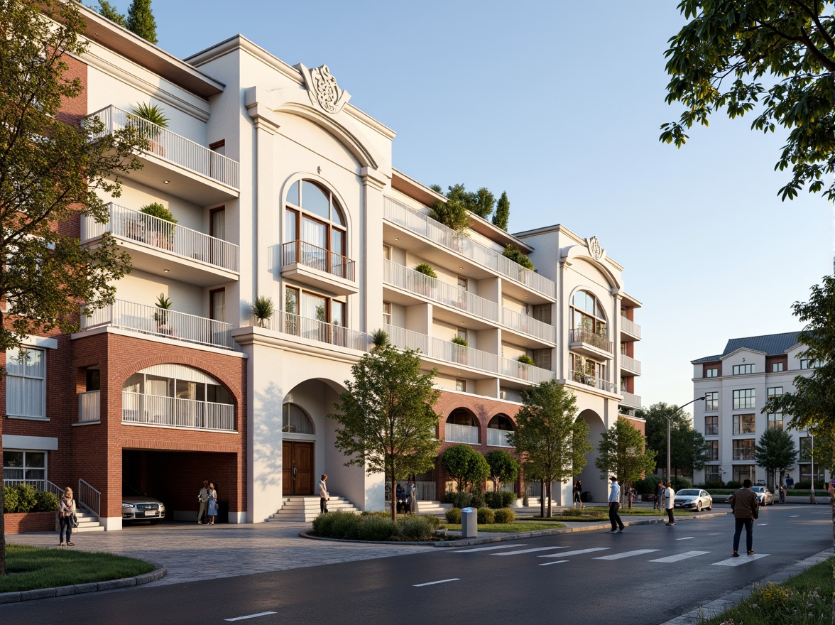 Prompt: Elegant social housing, classicism style, symmetrical facades, ornate balconies, decorative cornices, rusticated bases, grand entranceways, arched windows, pilasters, ornate doorways, neutral color palette, creamy whites, soft grays, earthy browns, red brick cladding, limestone detailing, metalwork railings, Juliette balconies, French doors, lush greenery, street trees, urban context, morning sunlight, warm ambient lighting, 1/1 composition, realistic textures, subtle atmospheric effects.