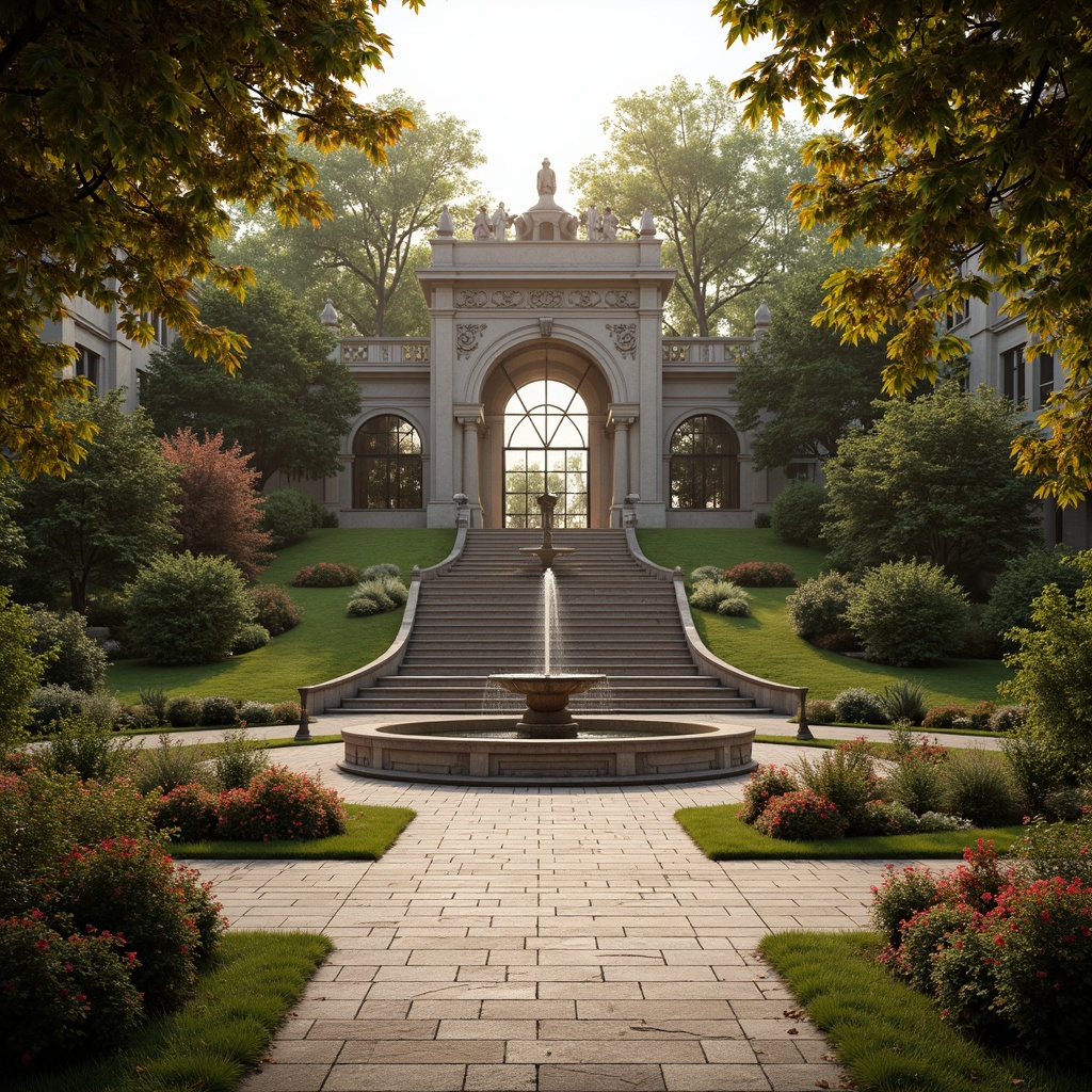 Prompt: Ornate fountain, grand staircase, symmetrical gardens, manicured lawns, topiary trees, vibrant flowerbeds, decorative statues, intricate stone carvings, majestic entrance gates, ornate metalwork, lavish water features, serene walking paths, natural stone paving, dramatic lighting effects, warm golden lighting, shallow depth of field, 1/1 composition, symmetrical framing, realistic textures, ambient occlusion.