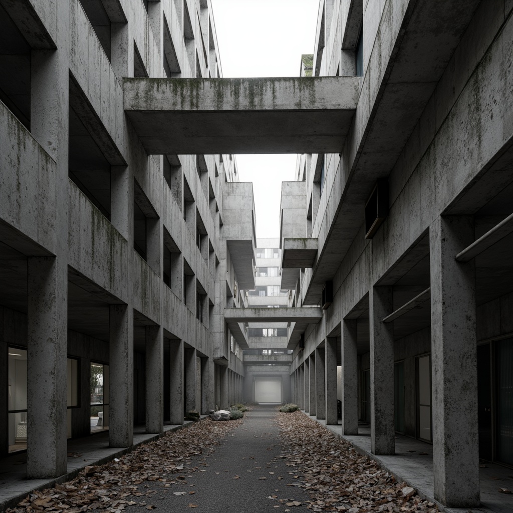 Prompt: Brutalist concrete structures, rugged stone textures, industrial metal accents, minimalist ornamentation, exposed ductwork, raw unfinished surfaces, monochromatic color palette, dramatic lighting effects, low-key ambiance, cinematic composition, symmetrical framing, stark contrast, harsh shadows, brutalist architectural style, post-war modernity, urban decay, abandoned landscapes, overcast skies, diffused natural light, high-contrast photography.