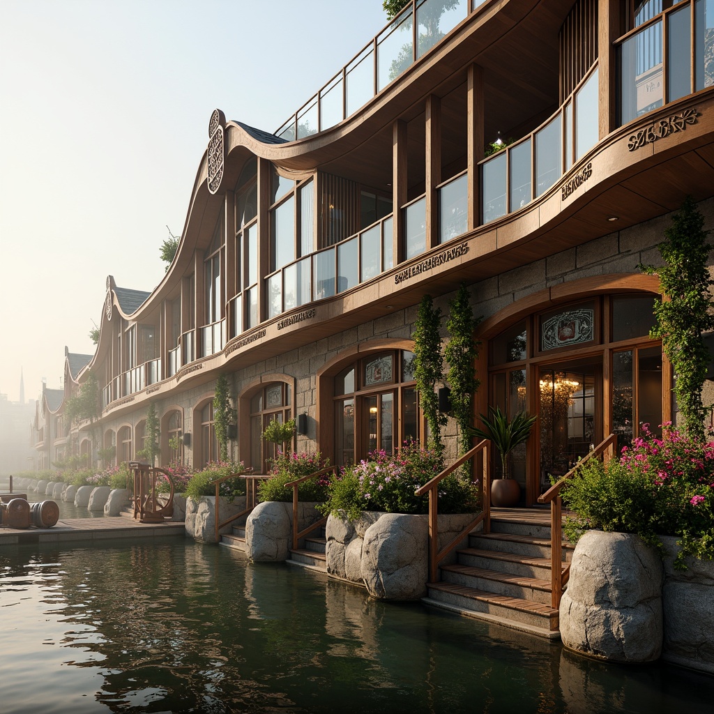 Prompt: Waterfront location, wooden dock, sailboats, misty morning, soft warm lighting, Art Nouveau-inspired facade, ornate metalwork, sinuous lines, flowing curves, organic forms, stained glass windows, decorative trims, wooden accents, nautical-themed ornaments, rustic stone foundation, lush greenery, blooming flowers, winding staircase, grand entrance, intricate carvings, vintage nautical instruments, 1/2 composition, shallow depth of field, warm color palette.